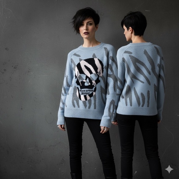 Skull Cashmere Jaden Sweater Women Skull Animal Print Blue Cashmere Wool Goth S - Picture 17 of 17